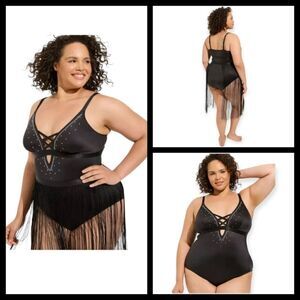3X 22W 24W Black Rhinestone Bodysuit Fringe Skirt Removeable Stretch Lingerie
